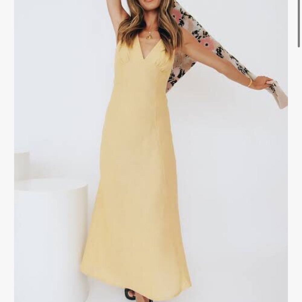 vrg girl yellow hold on bias linen dress!